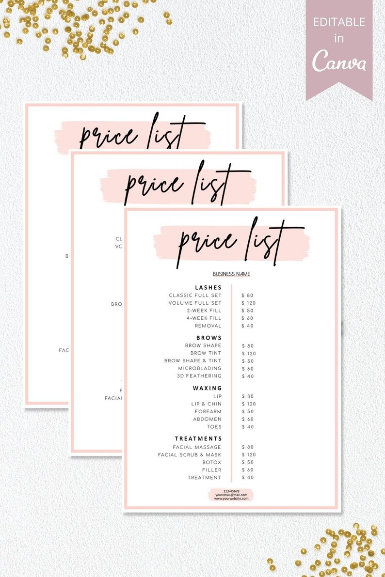 May include: A pink and white price list for a beauty business. The list includes services such as lashes, brows, waxing, and treatments. Prices are listed in US dollars.