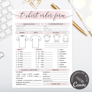 May include: Printable t-shirt order form with a pink watercolor background. The form includes sections for order details, customer details, t-shirt style, size, color, payment, delivery, and a total amount. The form also includes a section for personalization with the text "Personalize with Canva".