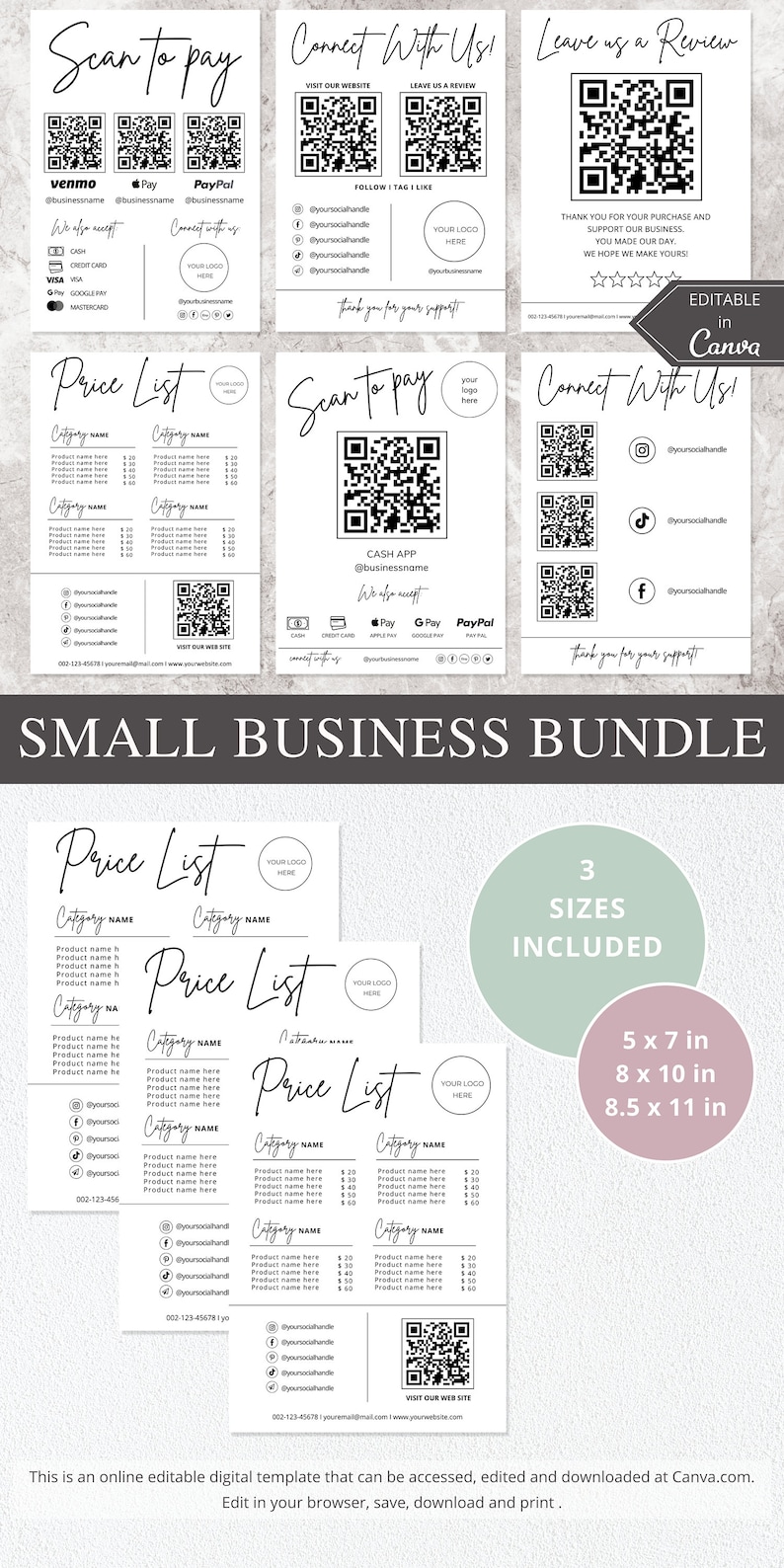 price list template, qr code sign, canva template, small business, scan to pay sign, Payment Sign, custom business sign, venmo sign, scan to pay template, social media sign, cashapp scan and pay, connect with us, Digital Download