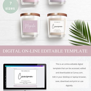 May include: A digital template for candle labels, featuring seven different sizes. The template is editable in Canva and includes labels for Bergamot, Lavender, Magnolia, and Cinnamon candles. The labels are white with black text and a simple design.