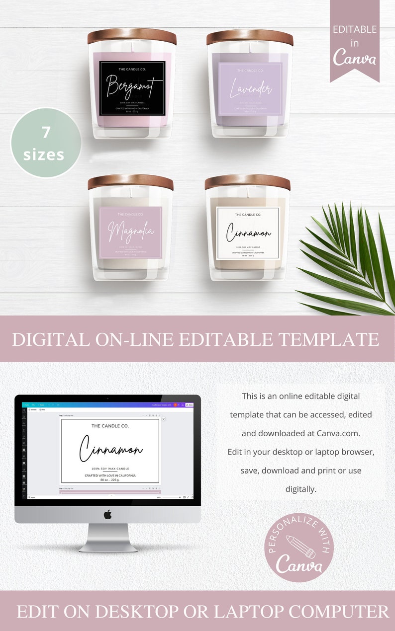May include: A digital template for candle labels, featuring seven different sizes. The template is editable in Canva and includes labels for Bergamot, Lavender, Magnolia, and Cinnamon candles. The labels are white with black text and a simple design.