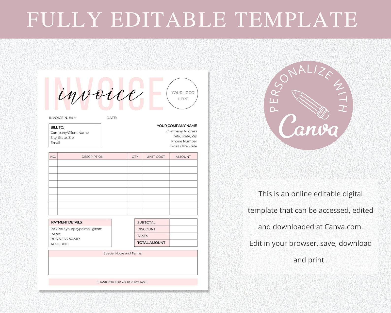 Invoice Template Editable Small Business Custom Order Form - Etsy