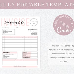Op de afbeelding: Een roze en witte printbare factuurtemplate met de tekst "invoice" in een roze cursief lettertype. De template is ontworpen om te worden bewerkt en gepersonaliseerd met Canva. De tekst "Personaliseer met Canva" staat in een cirkel met een roze achtergrond en een wit potloodpictogram.