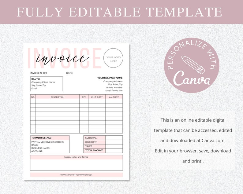 Op de afbeelding: Een roze en witte printbare factuurtemplate met de tekst "invoice" in een roze cursief lettertype. De template is ontworpen om te worden bewerkt en gepersonaliseerd met Canva. De tekst "Personaliseer met Canva" staat in een cirkel met een roze achtergrond en een wit potloodpictogram.