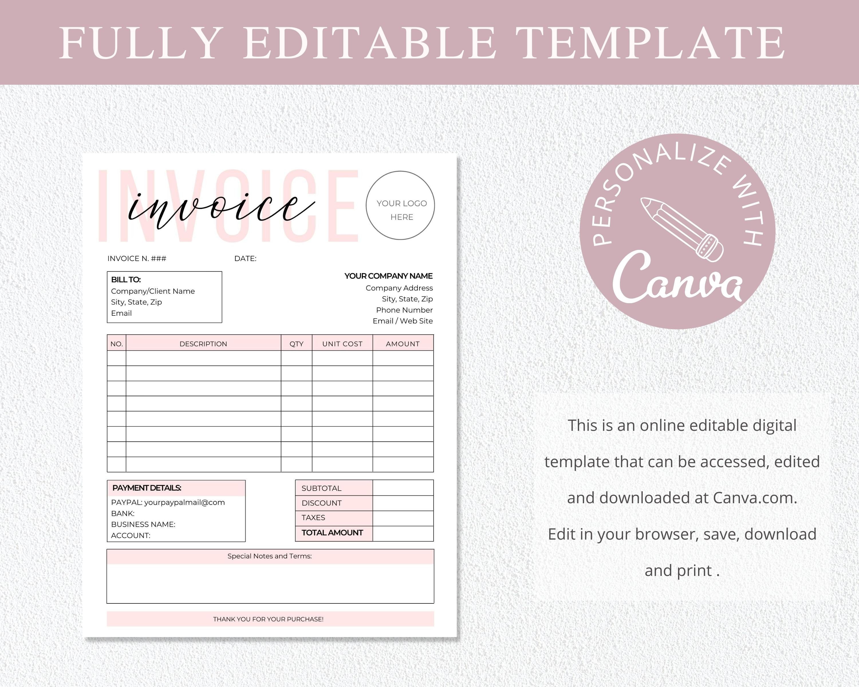 Invoice Template Editable Small Business Custom Order Form - Etsy