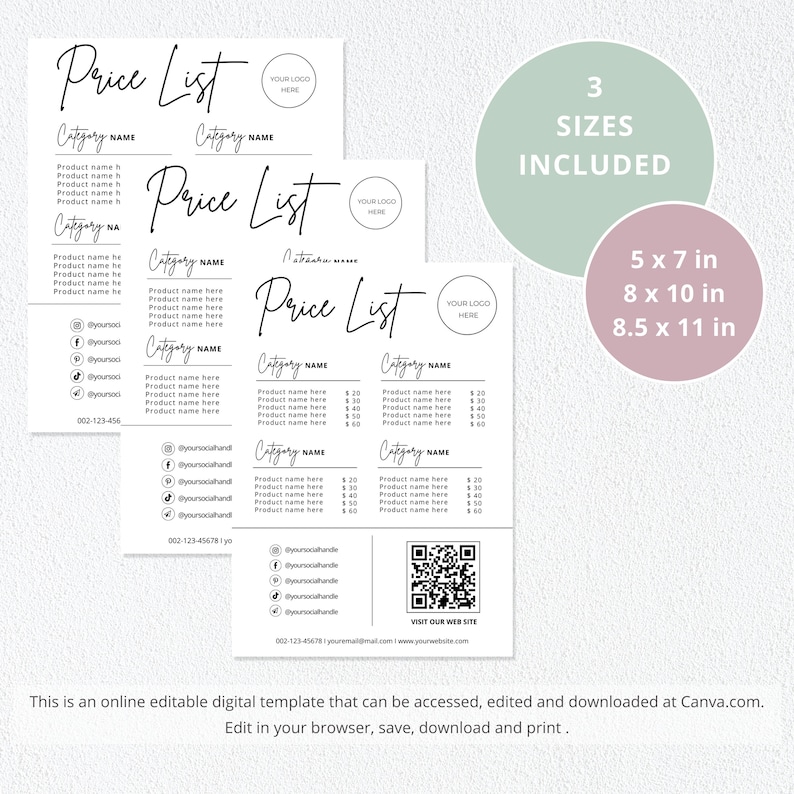 price list template, qr code sign, canva template, small business, scan to pay sign, Payment Sign, custom business sign, venmo sign, scan to pay template, social media sign, cashapp scan and pay, connect with us, Digital Download