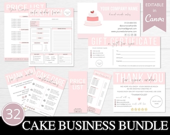 Pode incluir: Um pacote de negócios de bolos rosa e branco com modelos editáveis para Canva. O pacote inclui uma lista de preços, um formulário de pedido, um certificado de presente, um cartão de agradecimento e instruções para o cuidado dos bolos. O texto "CAKE BUSINESS BUNDLE" é exibido na parte inferior da imagem.
