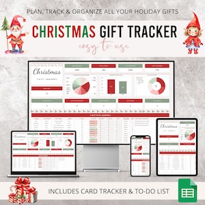 Peut inclure: Un suivi numérique des cadeaux de Noël affiché sur plusieurs appareils, dont un ordinateur portable, un écran d'ordinateur de bureau, une tablette et un smartphone. Le suivi présente un code couleur rouge et vert et comprend un suivi de carte et une liste de tâches.