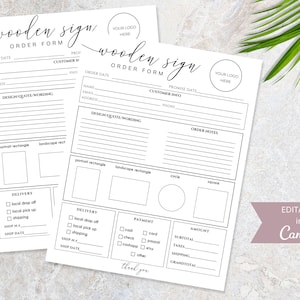 Könnte beinhalten: Ein druckbares Bestellformular für Holzschild. Das Formular enthält Abschnitte für Kundeninformationen, Design-Details, Lieferoptionen, Zahlungsmethoden und Bestellnotizen. Das Formular ist in Canva bearbeitbar.