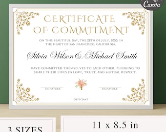 May include: A printable certificate of commitment with gold floral accents. The text reads "Certificate of Commitment" and includes the date "28th July, 2050" and the names "Silvia Wilson & Michael Smith". The certificate is available in three sizes: 11 x 8.5 inches, A4, and 10 x 8 inches.