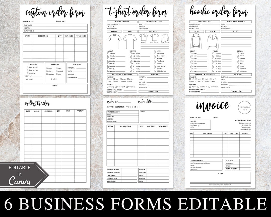 6 Order Forms Bundle I Editable Invoice Order Form I Printable T-shirt ...