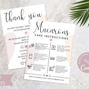 Plantilla de tarjeta de cuidados de macarons, tarjetas de cuidados de macarons para bodas editables en Canva, guía de cuidados imprimible, instrucciones para pasteles, descarga instantánea. DTP-031