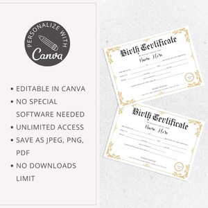editable canva template, pupy birth certificate, dog birthday, 	
cat certificate, pet adoption