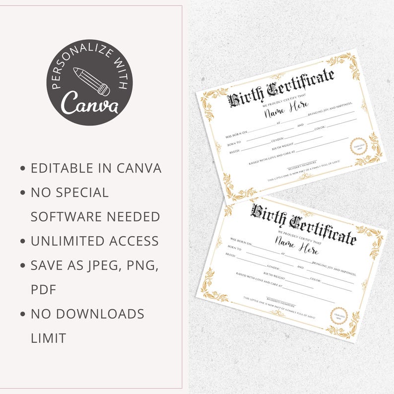 editable canva template, pupy birth certificate, dog birthday, 	
cat certificate, pet adoption