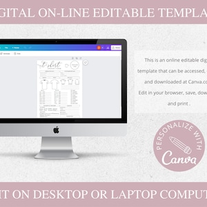 May include: A computer screen shows a digital t-shirt order form template. The screen displays a black and white design with text and check boxes. The words "DIGITAL ON-LINE EDITABLE TEMPLATE" are at the top. The Canva logo is visible.