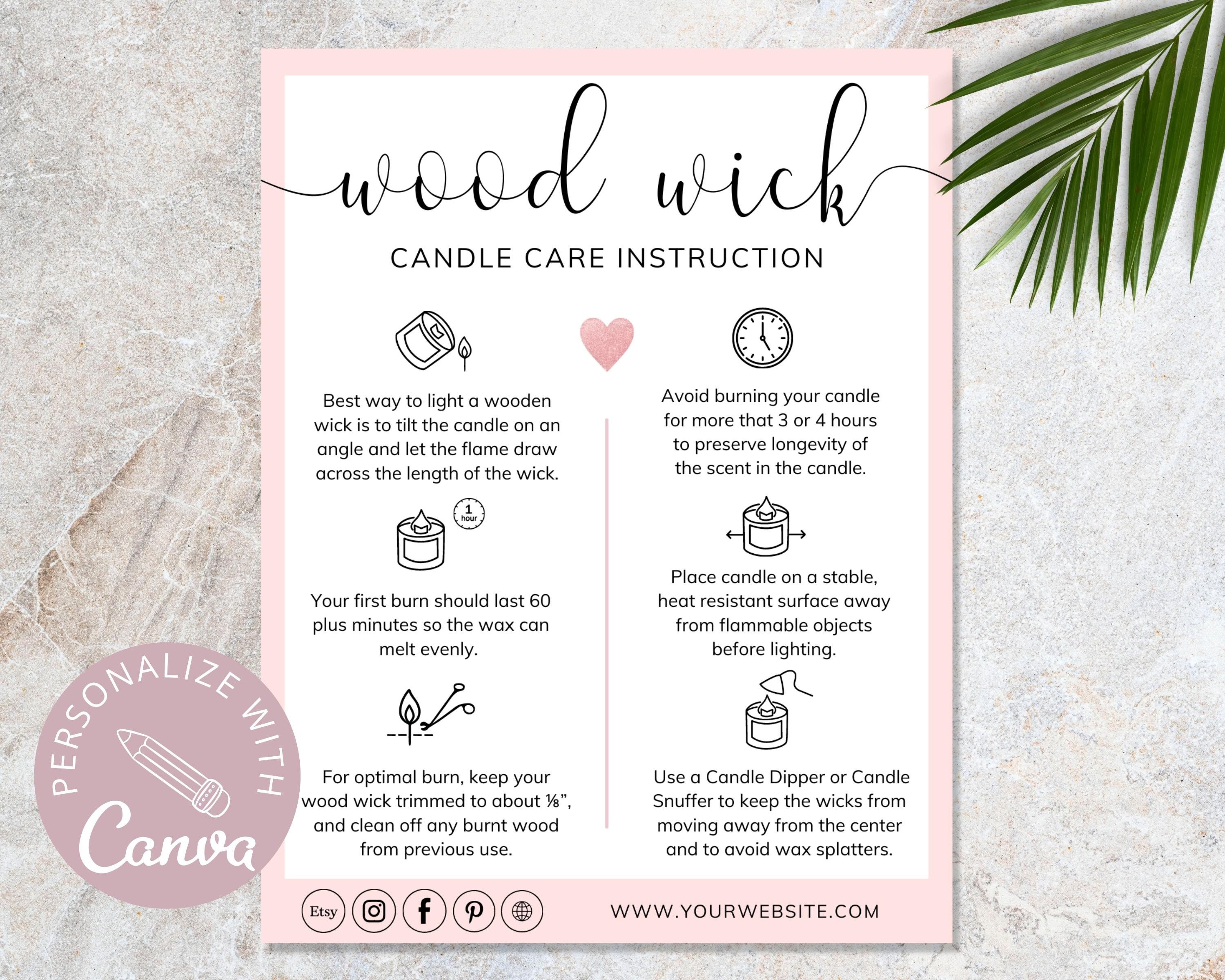 Wood Wick Candle Care Card I Editable Canva Template I Candle Etsy