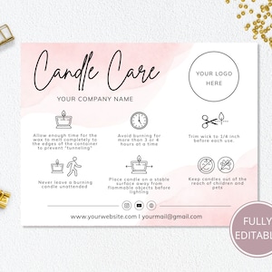 Candle Care Card Template, Editable Candle Instructions, Printable Candle Purchase Insert Card, Add Your Logo, Business Printables. DTP-030
