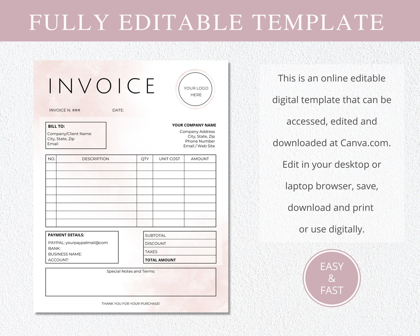 Invoice Template, Printable Order Form Invoice, Editable Invoice Form ...