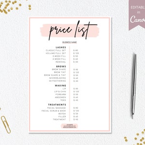 Modelo de lista de preços, lista de preços de cabelo DIY editável do Canva, lista de preços de salão de cabeleireiro para impressão, guia de preços de negócios, folha de preços rosa. DTP-003