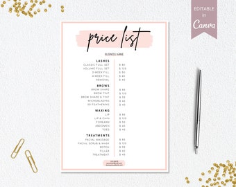 Plantilla de lista de precios, lista de precios de peluquería editable en Canva, lista de precios de peluquería imprimible, guía de precios para empresas, hoja de precios rosa. DTP-003