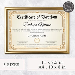 Plantilla de certificado de bautismo editable en Canva / Formulario de bautismo de iglesia personalizable / Recuerdo de bautismo imprimible / Formulario de certificado de bautismo