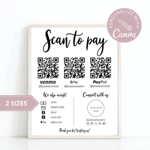 Bewerkbare scan-to-Pay-kaart, bewerkbare canva-sjabloon, QR-codebordsjabloon, CashApp PayPal-bord voor kleine bedrijven, Venmo-betaling afdrukbaar.