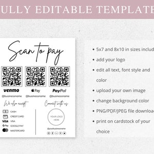 payment method sign, venmo qr code sign, qr code sign, canva template, small business, scan to pay sign, qr code template, Payment Sign, custom business sign, Editable Template, scan to pay template, social media sign, branding package