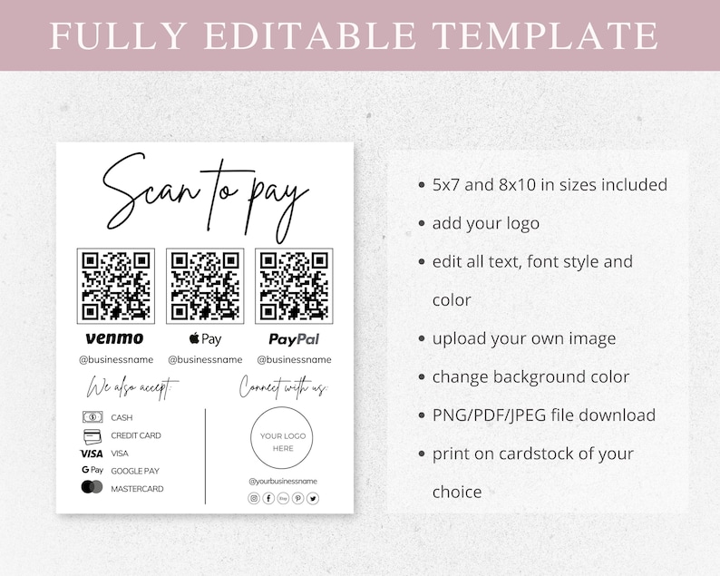 payment method sign, venmo qr code sign, qr code sign, canva template, small business, scan to pay sign, qr code template, Payment Sign, custom business sign, Editable Template, scan to pay template, social media sign, branding package