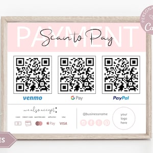 Bearbeitbare Scan-to-Pay-Karte, bearbeitbare Canva-Vorlage, QR-Code-Zeichenvorlage, CashApp PayPal-Zeichen für kleine Unternehmen, Venmo-Zahlung druckbar.