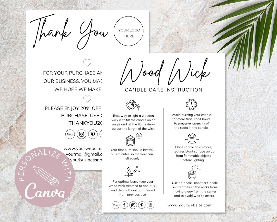 Wood Wick Candle Care Card I Editable Canva Template I Candle Thank You
