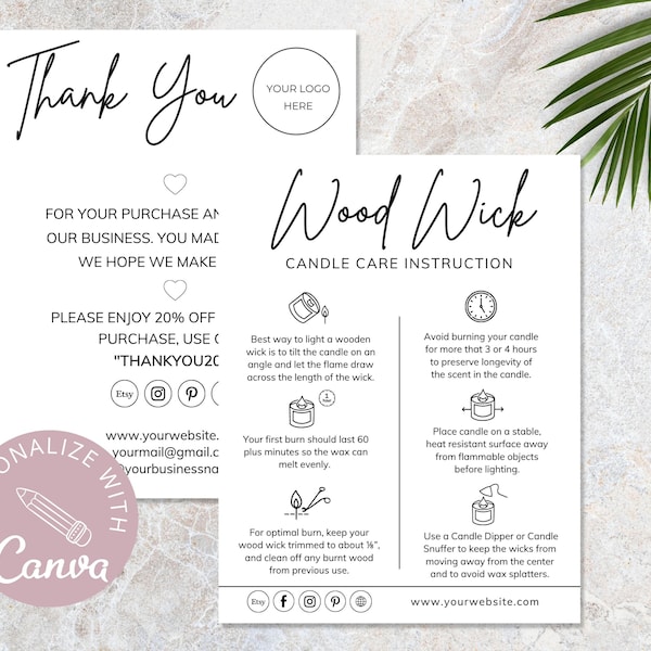 Wood Wick Candle Care Card I Editable Canva Template I Candle Thank You Card For Customers I Candle Instructions Card I Custom Care Card.