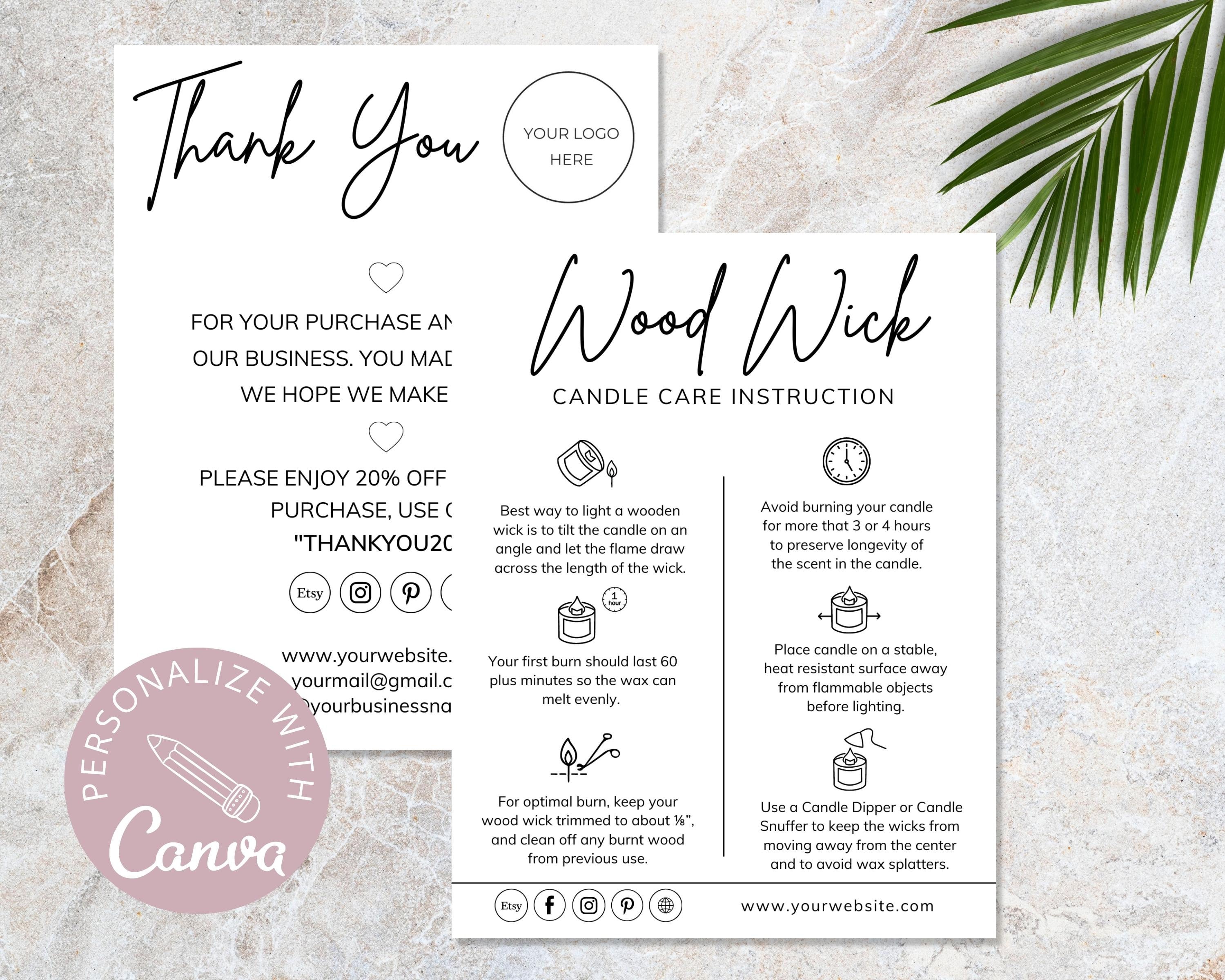 Wood Wick Candle Care Card I Editable Canva Template I Candle Etsy