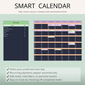 May include: A digital smart calendar with a weekly and monthly view. The calendar includes a list of entries with names and dates. The text "SMART CALENDAR" is at the top, with the tagline "Take control of your schedule with automated entries."