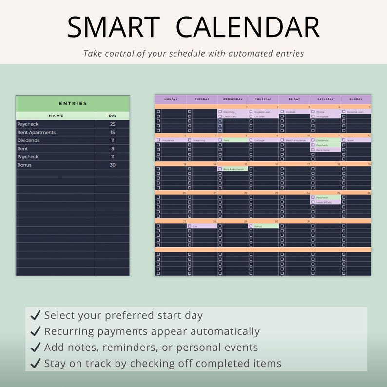 May include: A digital smart calendar with a weekly and monthly view. The calendar includes a list of entries with names and dates. The text "SMART CALENDAR" is at the top, with the tagline "Take control of your schedule with automated entries."