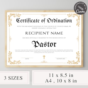 Sjabloon certificaat van wijding, bewerkbare canva-sjabloon, certificaat voor evangeliebediening, predikantcertificaat, certificaat diaken