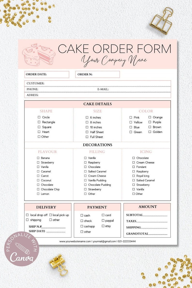 Cake Order Form Template Editable Printable Canva Template Etsy