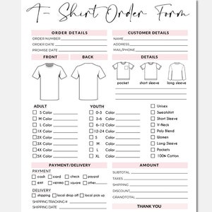 May include: A printable T-shirt order form with sections for order details, customer details, and payment/delivery. The form includes options for adult and youth sizes, shirt styles, and colors. It also includes a section for payment methods and delivery options.