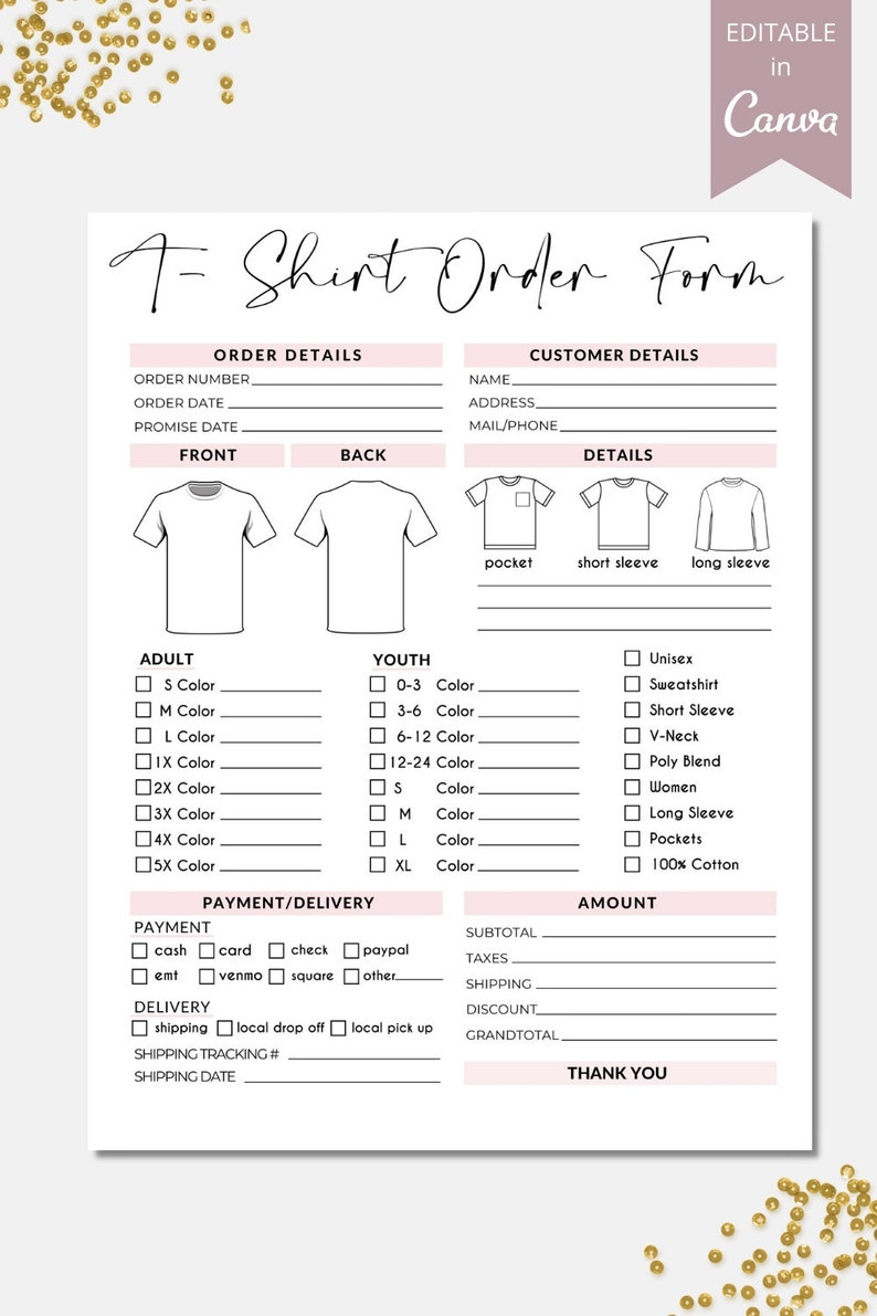 May include: A printable T-shirt order form with sections for order details, customer details, and payment/delivery. The form includes options for adult and youth sizes, shirt styles, and colors. It also includes a section for payment methods and delivery options.