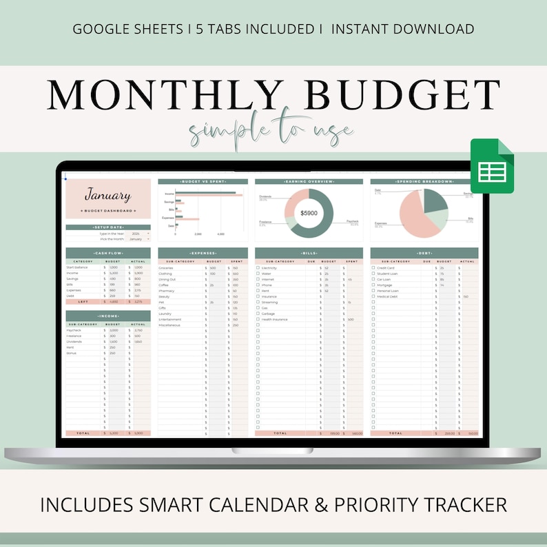 Budget Planner Google Sheets Template | Monthly Budget Spreadsheet ...
