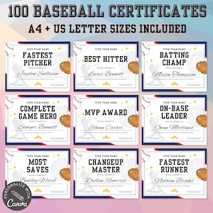 100 Editable Baseball Certificate | Custom Awards, Personalized Team Awards, Baseball Mom Gift, Canva Template, Superlative Sports Award