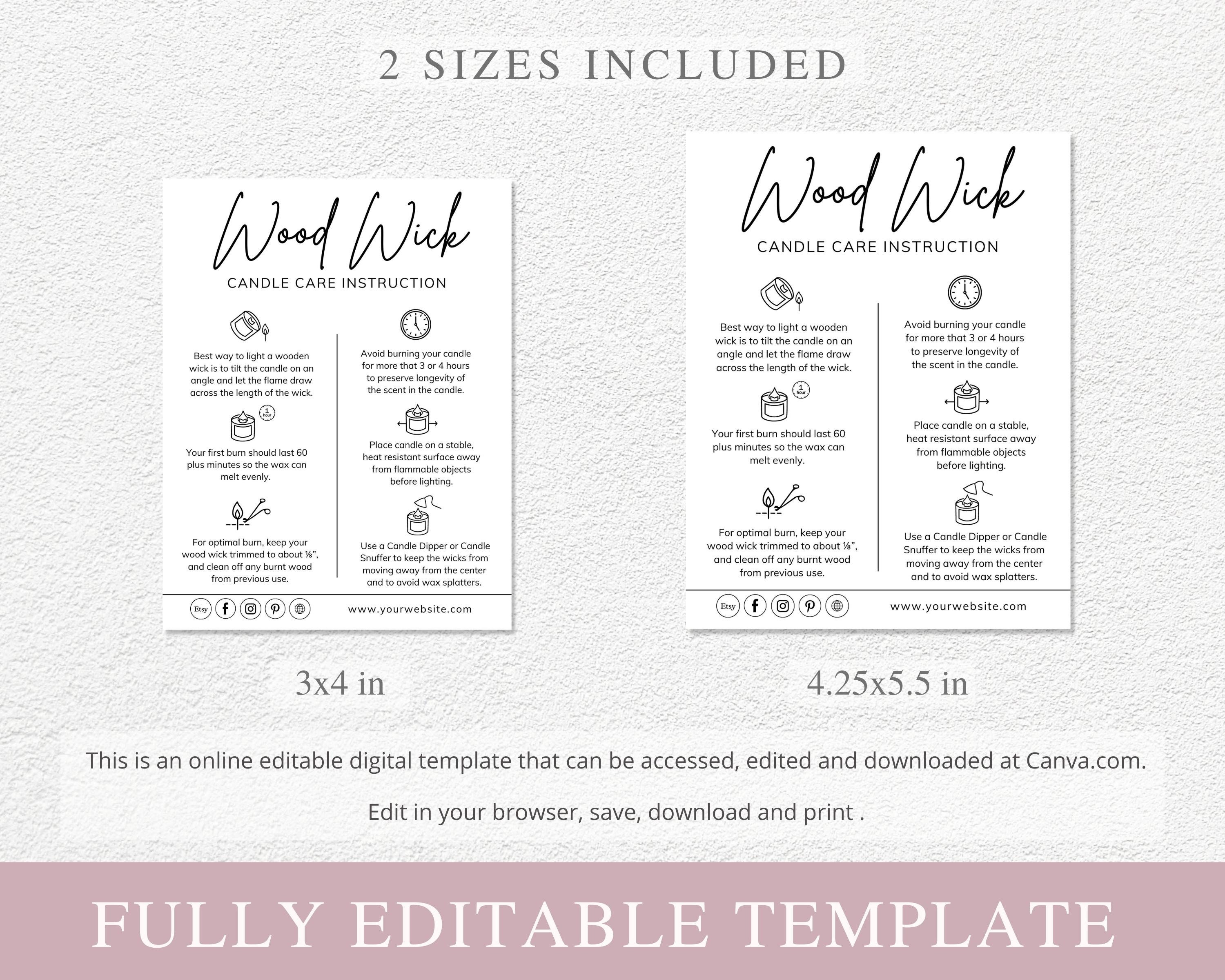 Wood Wick Candle Care Card I Editable Canva Template I Candle Etsy
