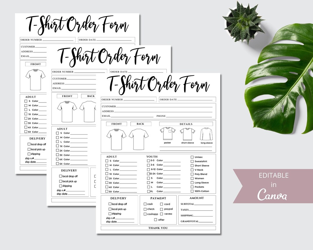 Tshirt Order Form - Canva Editable Template, Printable Etsy Shop Order ...