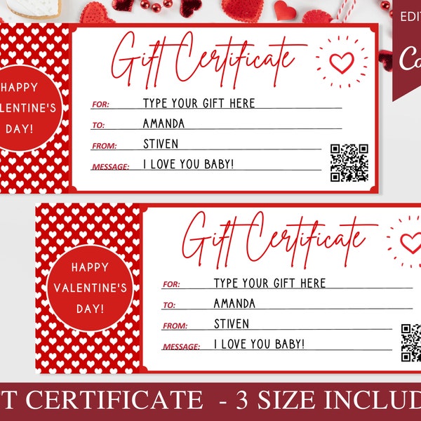 Valentines Day Gift Card, Editable Canva Template, Valentines Voucher Coupon, Printable Gift for Her, Valentines Gift Certificate for Him