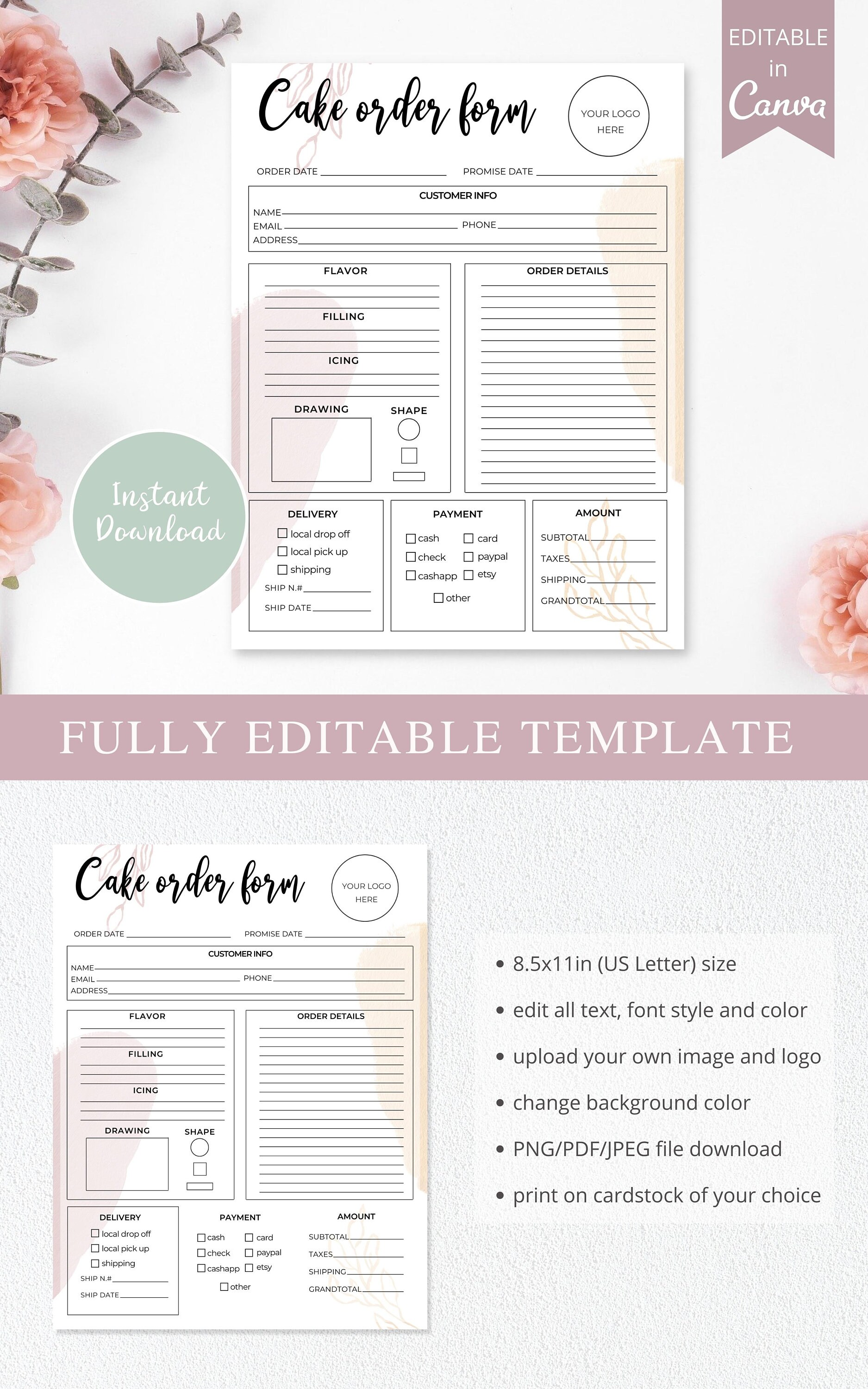 Cake Order Form, Editable Canva Template, Bakery Order Form Printable ...