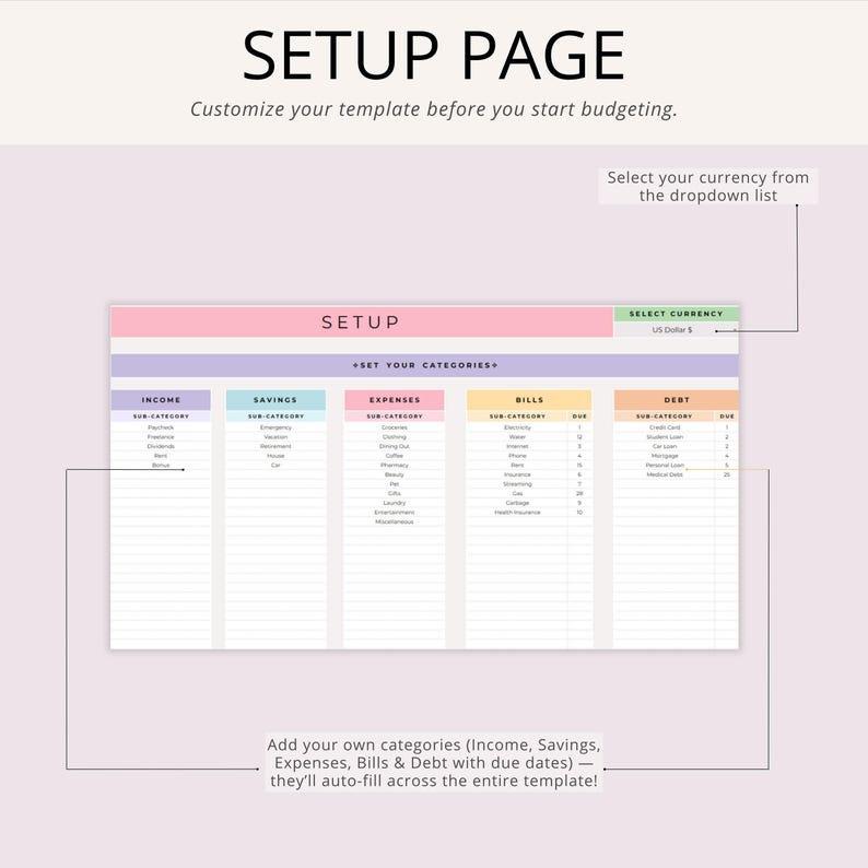 May include: A colorful budgeting template with sections for income, savings, expenses, bills, and debt. The text "SETUP PAGE" is at the top, with instructions to customize the template. The template includes a dropdown to select currency.