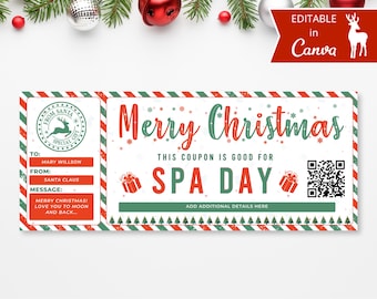 Christmas Gift Coupon – Spa Day Voucher Canva Template, Editable Holiday Gift Idea, Printable Coupon