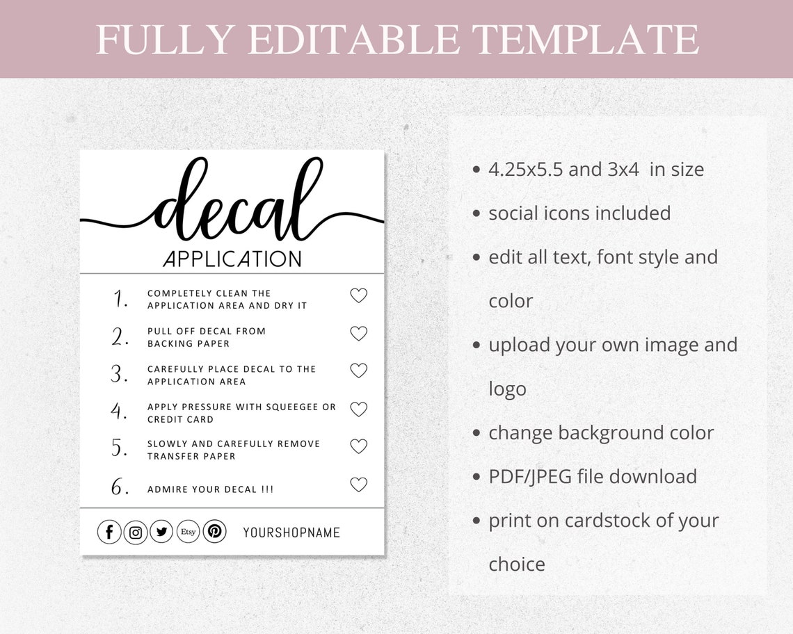 Decal Instructions Template Printable Decal Application Care - Etsy
