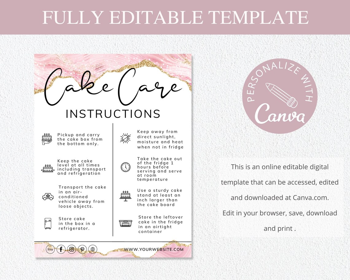 Cake Care Card Template I Editable Canva Template I Wedding Cake Care ...
