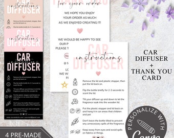 May include: Pink and black car diffuser instructions with a thank you card. The instructions include removing the lid and plastic stopper, flipping the bottle briefly to scent the lid, and hanging the diffuser in the car. The thank you card says "Thank you for your order. We hope you enjoy your order as much as we enjoyed creating it!"