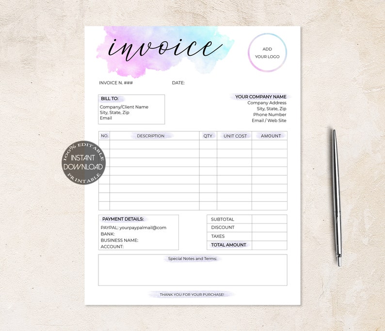 Invoice Template Photography Invoice Editable Billing Form Etsy